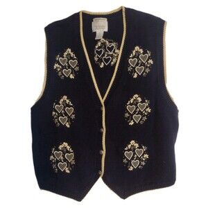 VTG 80s Hand Embroidered Ramie Cotton Vest XL Navy Hearts FloralCountry
